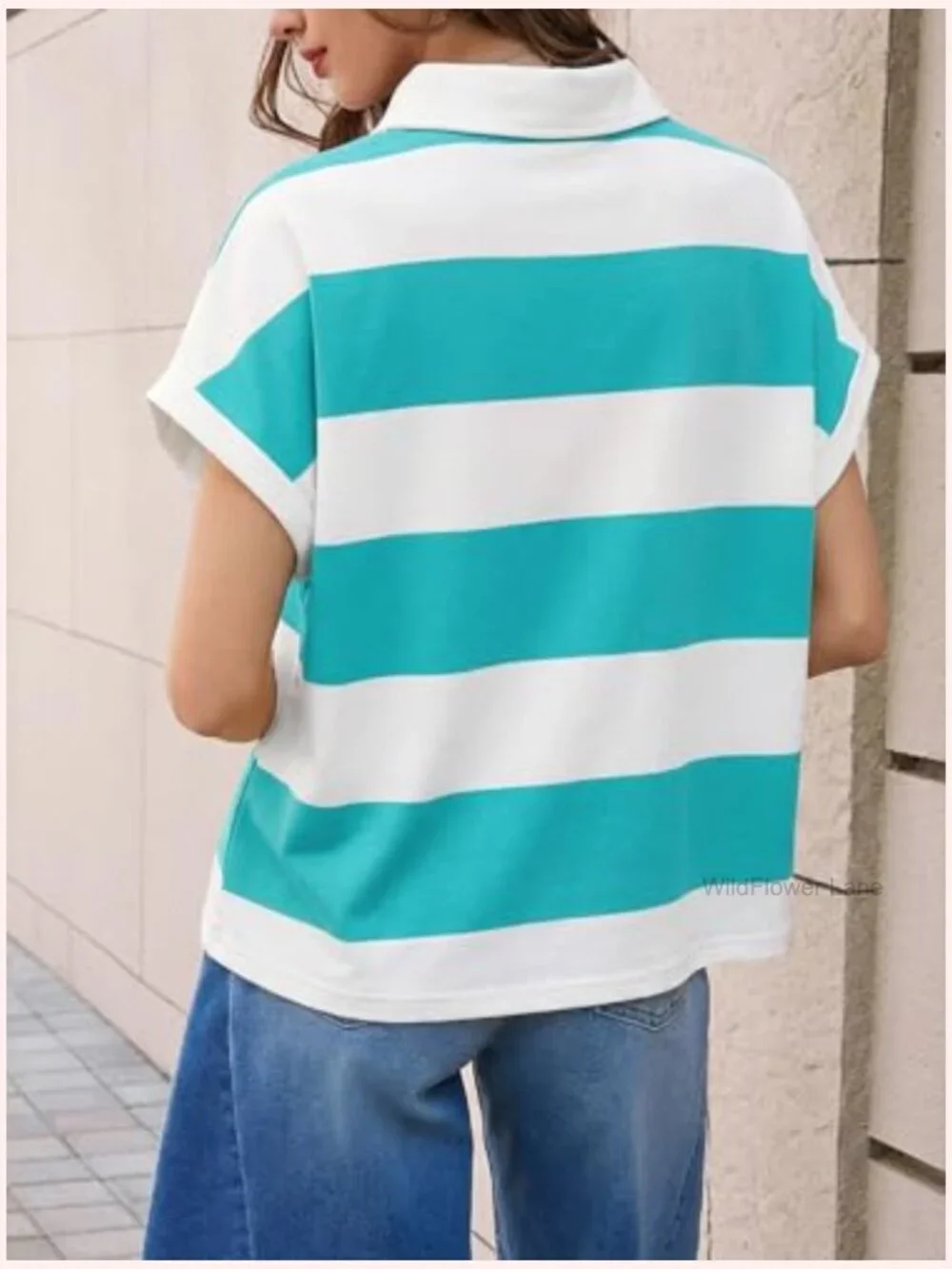 Womens Striped Polo Shirt Short Sleeve Loose Fit Cropped Tee